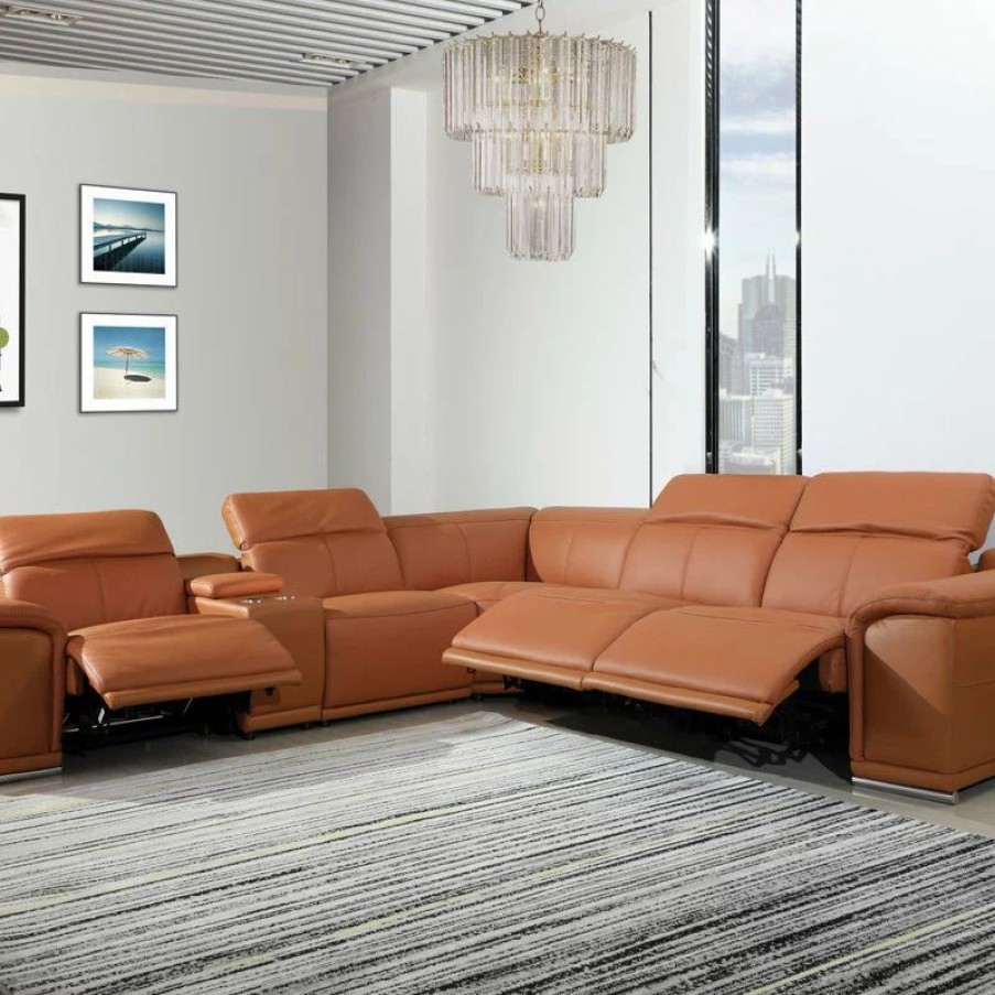 Sofas & Sectionals * | Luxuriant Furniture Frederico Genuine Italian Leather 6-Piece 1 Console 3-Power Reclining Sectional, Camel