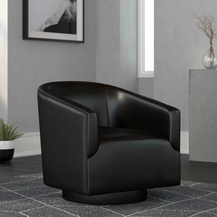 Chairs * | Comfort Pointe Geneva Charcoal Wood Base Swivel Chair, Black