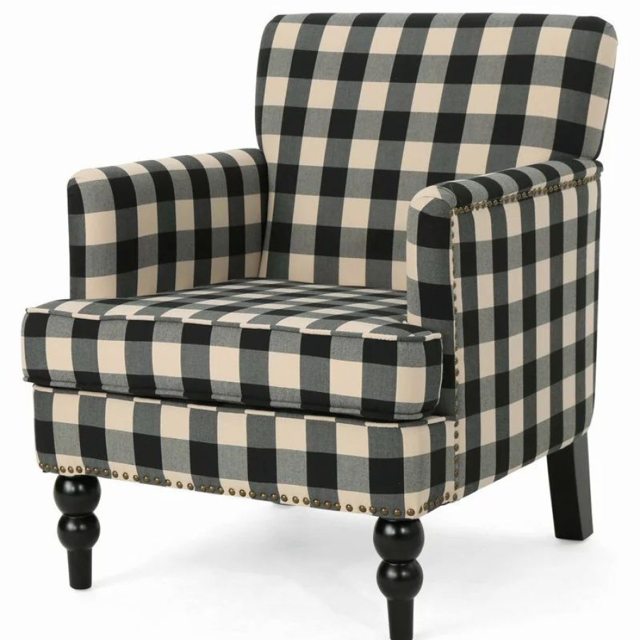 Chairs * | Gdfstudio Gdf Studio Eve Tufted Fabric Club Chair, Black Checkerboard/Dark Brown