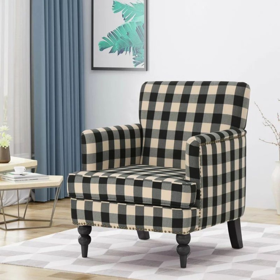 Chairs * | Gdfstudio Gdf Studio Eve Tufted Fabric Club Chair, Black Checkerboard/Dark Brown