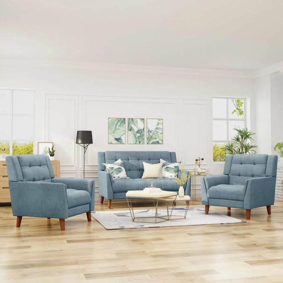 Sofas & Sectionals * | Gdfstudio Gdf Studio Evelyn Mid Century Modern Fabric Arm Chair And Loveseat Set, Blue/Wal