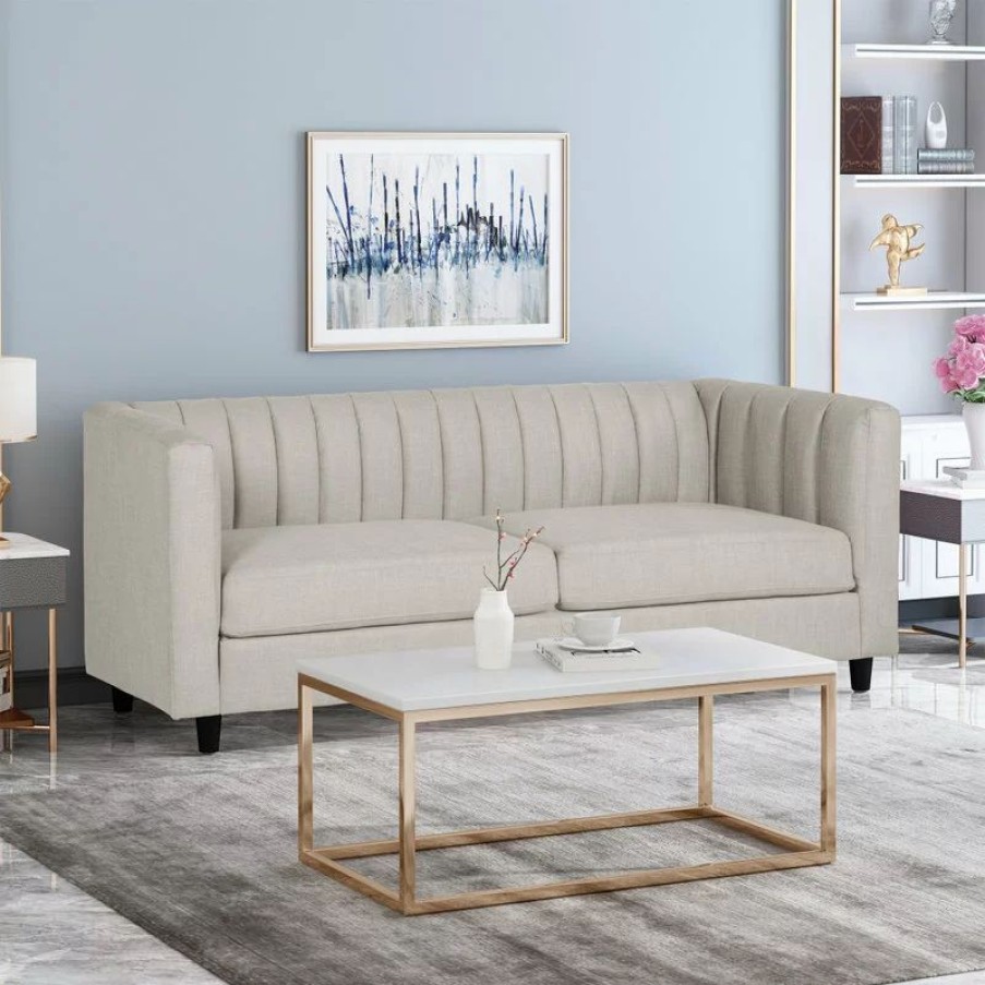 Sofas & Sectionals * | Gdfstudio Violet Channel Stitched Fabric 3 Seat Sofa, Beige And Dark Brown