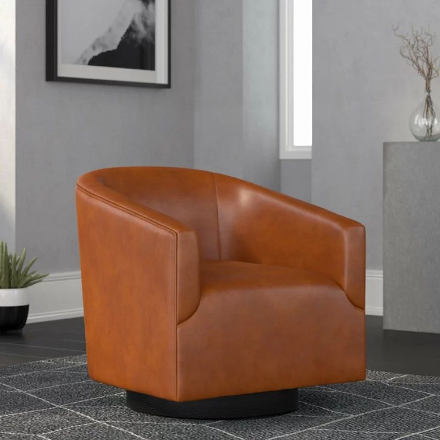 Chairs * | Comfort Pointe Geneva Charcoal Wood Base Swivel Chair, Caramel