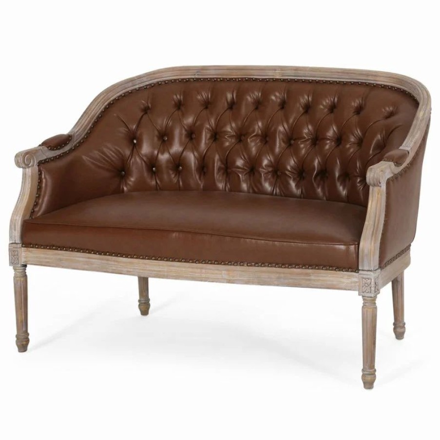 Sofas & Sectionals * | Gdfstudio Gdf Studio Megan Classical Tufted Loveseat, Cognac And Antique, Faux Leather