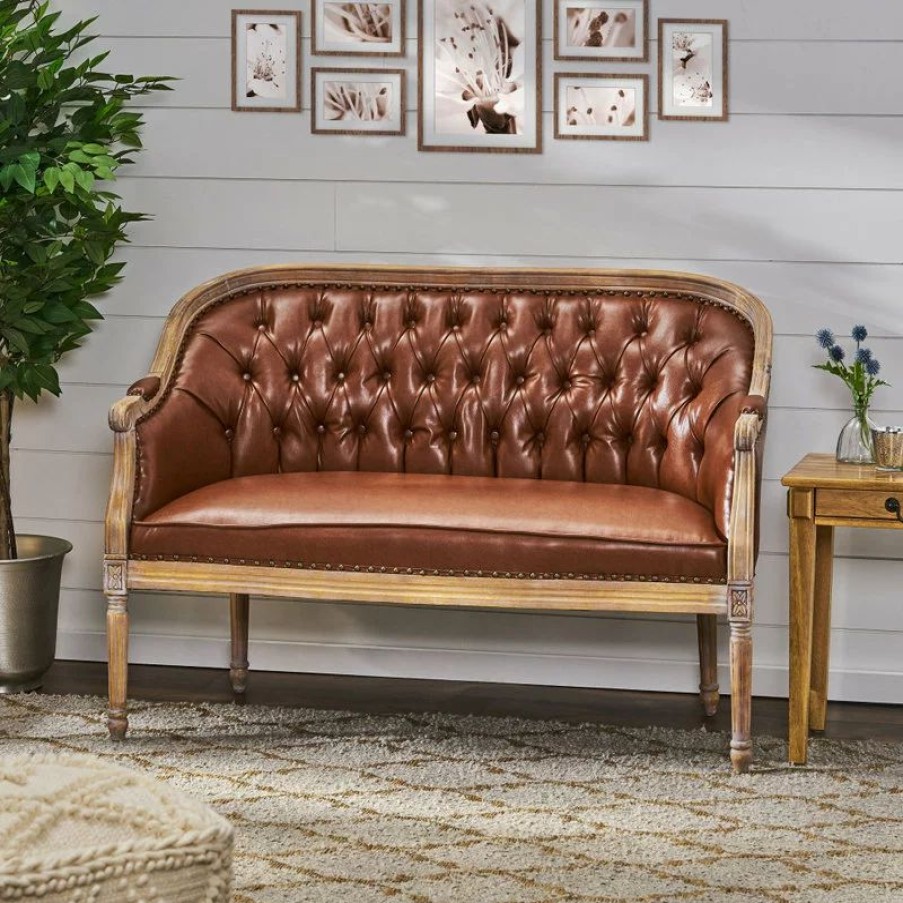 Sofas & Sectionals * | Gdfstudio Gdf Studio Megan Classical Tufted Loveseat, Cognac And Antique, Faux Leather