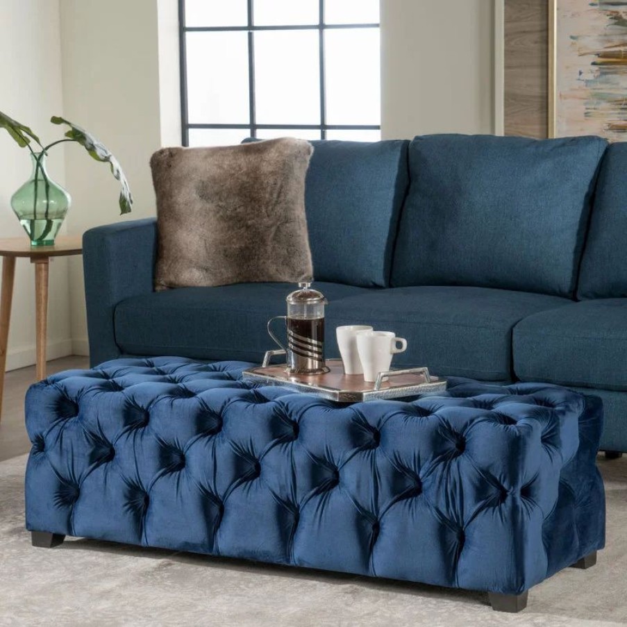 Footstools & Ottomans * | Gdfstudio Gdf Studio Provence Tmodern Glam Tufted Velvet Ottoman Bench, Navy Blue