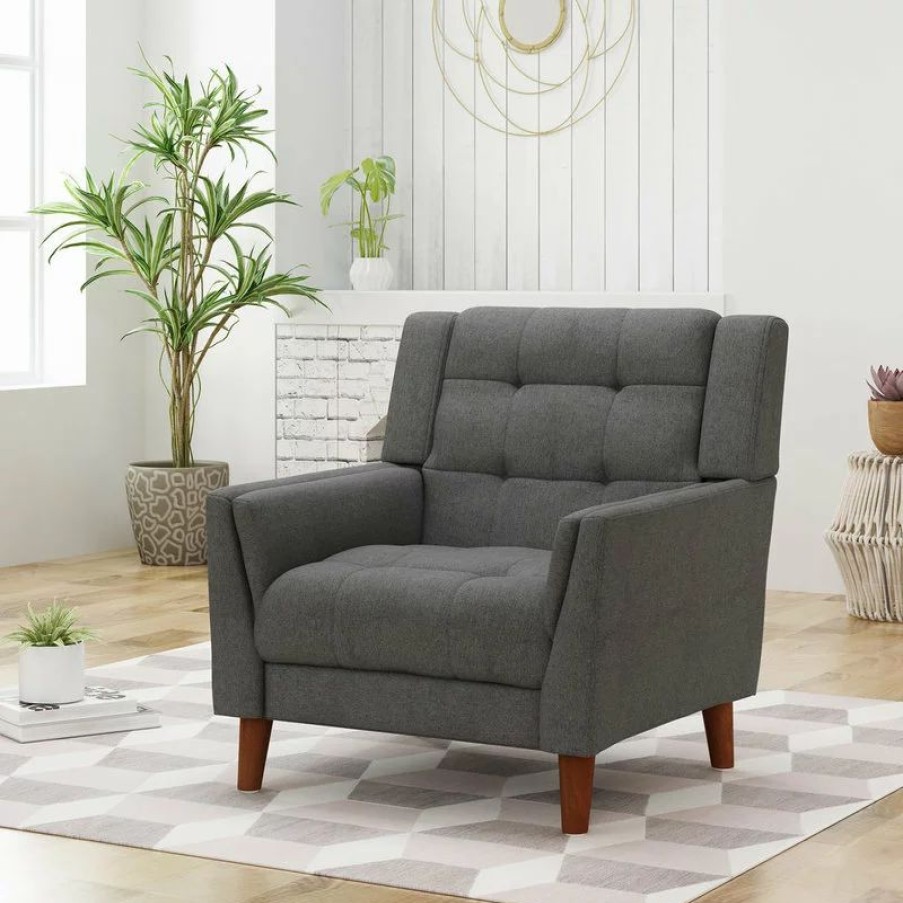 Chairs * | Gdfstudio Gdf Studio Evelyn Mid Century Modern Fabric Arm Chair, Dark Gray/Walnut