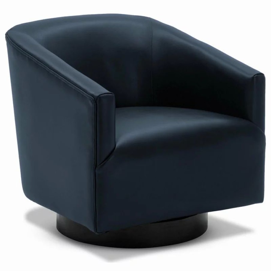 Chairs * | Comfort Pointe Geneva Charcoal Wood Base Swivel Chair, Midnight Blue