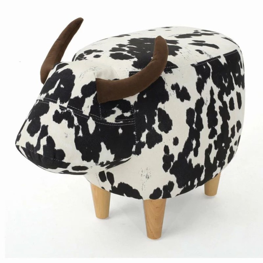Footstools & Ottomans * | Gdfstudio Gdf Studio Bertha Milk Cow Patterned New Velvet Ottoman, Black/White Cow