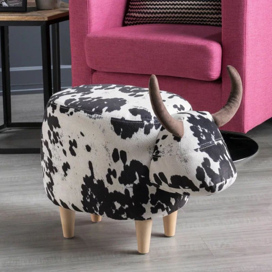 Footstools & Ottomans * | Gdfstudio Gdf Studio Bertha Milk Cow Patterned New Velvet Ottoman, Black/White Cow