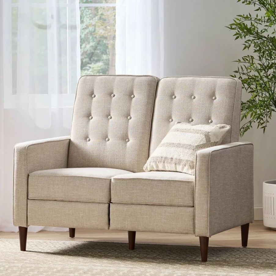 Sofas & Sectionals * | Gdfstudio Manville Tufted Loveseat Pushback Recliner, Wheat/Dark Espresso, Fabric