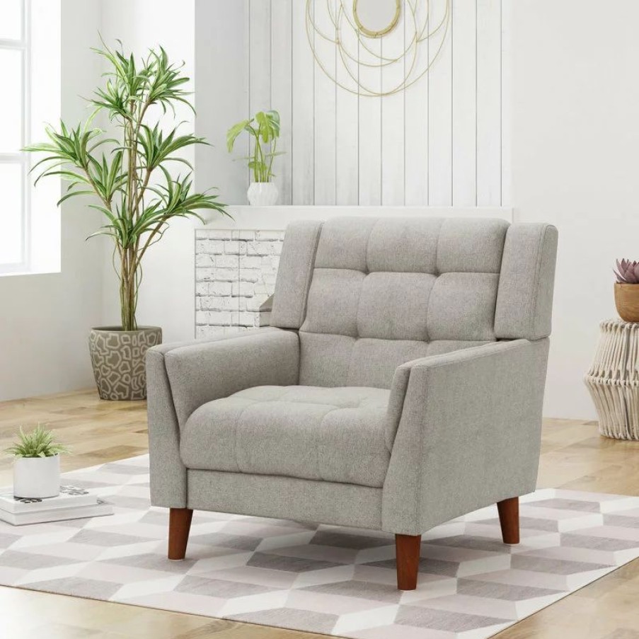 Chairs * | Gdfstudio Gdf Studio Evelyn Mid Century Modern Fabric Arm Chair, Beige/Walnut