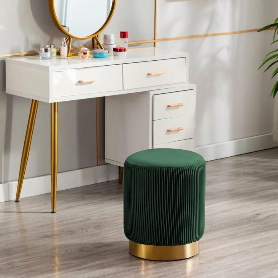 Footstools & Ottomans * | Duhome Elegant Lifestyle Round Pleated Golden Base Velvet Ottoman, Dark Green