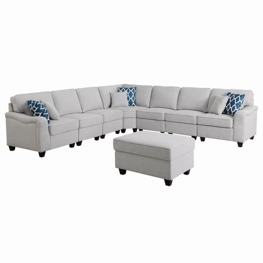 Sofas & Sectionals * | Lilola Home Leo Light Gray Linen Fabric 8Pc Modular L-Shape Sectional Sofa And Ottoman