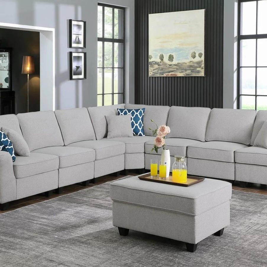 Sofas & Sectionals * | Lilola Home Leo Light Gray Linen Fabric 8Pc Modular L-Shape Sectional Sofa And Ottoman