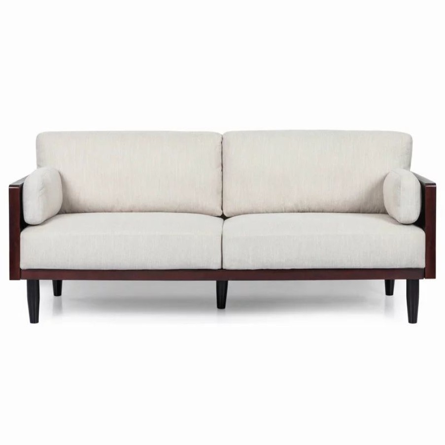 Sofas & Sectionals * | Gdfstudio Bagan Mid-Century Modern Upholstered 3 Seater Sofa, Beige + Dark Walnut
