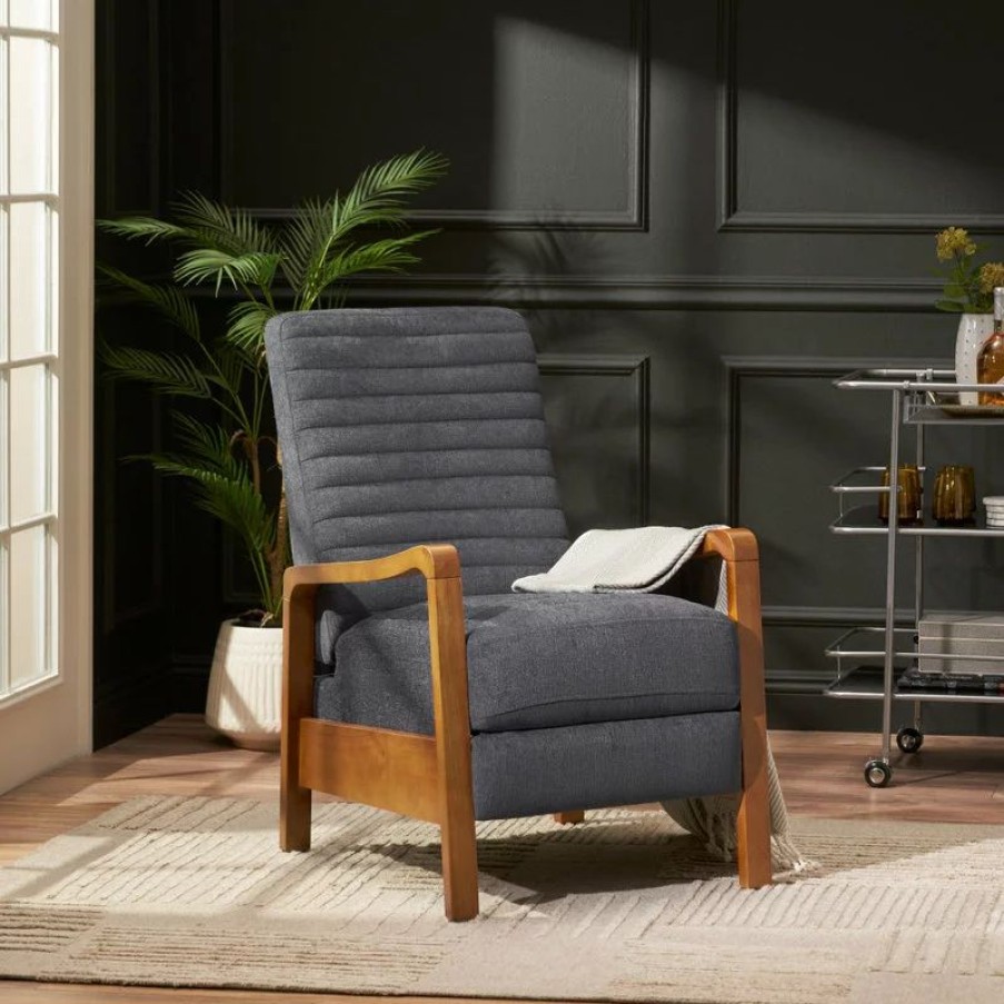 Chairs * | Gdfstudio Neihart Channel Stitch Pushback Recliner, Charcoal And Teak, Fabric