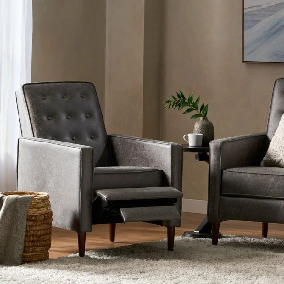 Chairs * | Gdfstudio Mason Mid-Century Modern Button Tufted Fabric Recliner, Microfiber/Slate, Single Chair