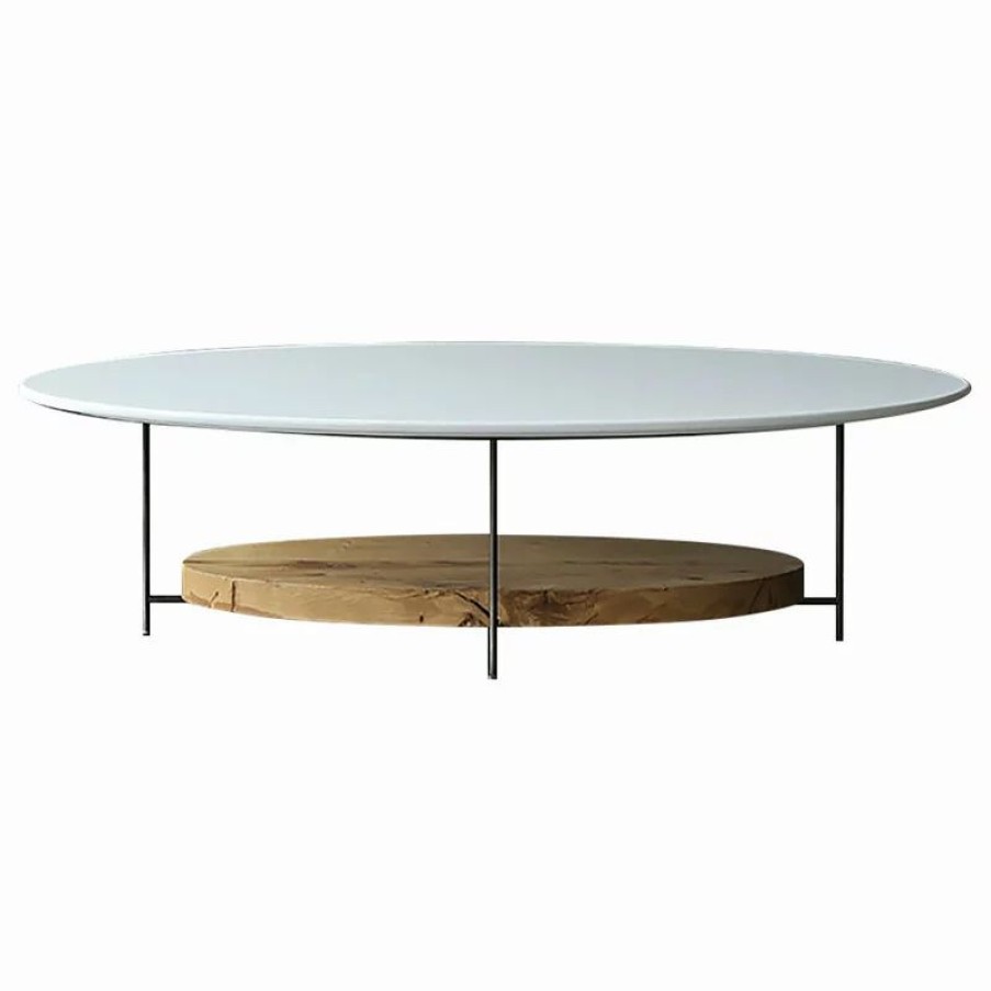 Coffee & Accent Tables * | Homary 39 White & Natural Oval Coffee Table With Storage Shelf Modern White Table, Whi