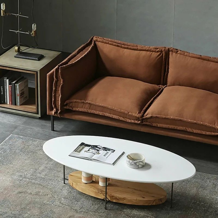 Coffee & Accent Tables * | Homary 39 White & Natural Oval Coffee Table With Storage Shelf Modern White Table, Whi