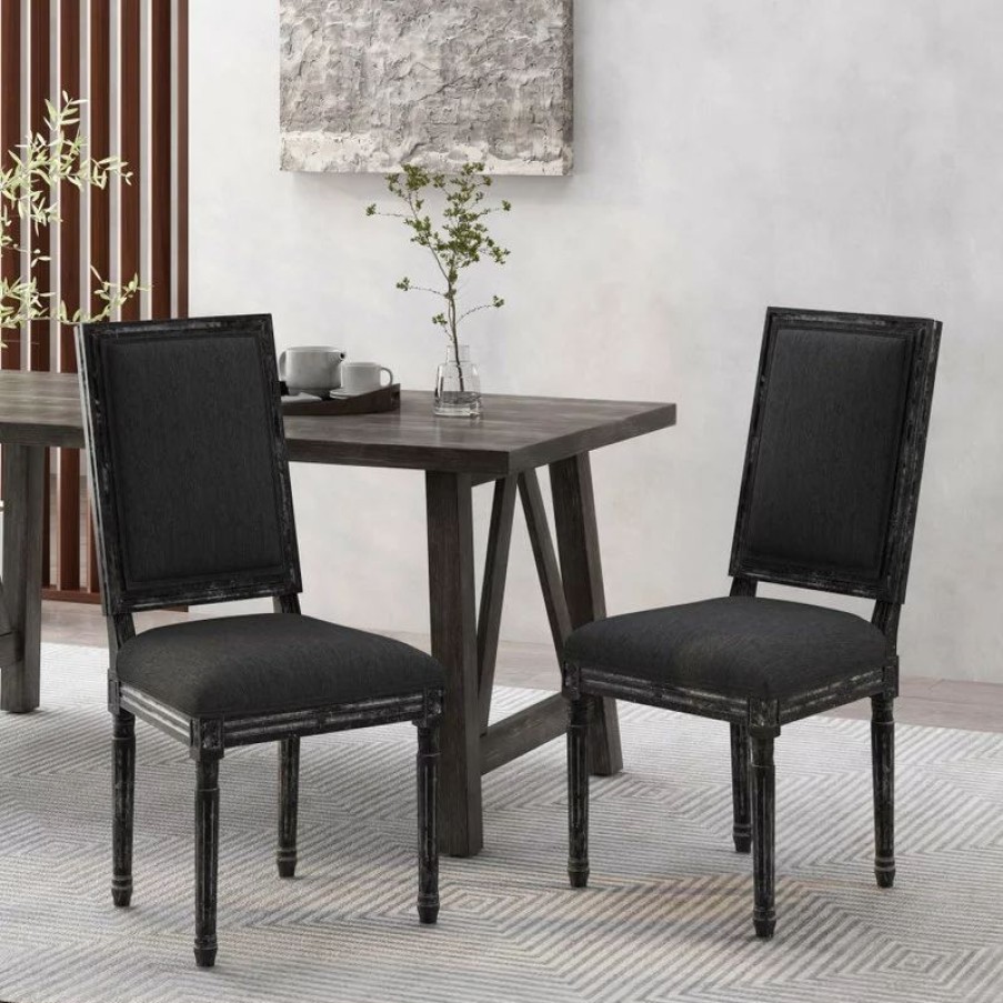 Chairs * | Gdfstudio Amy French Country Wood Upholstered Dining Chair, Set Of 2, Black/Gray