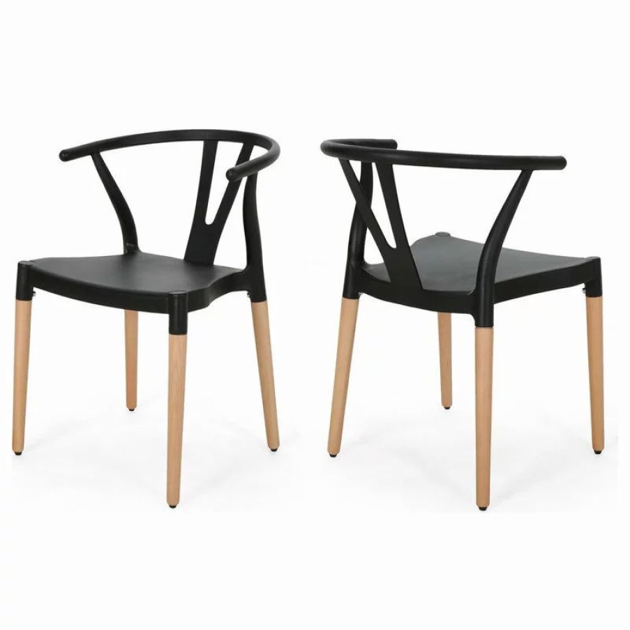 Chairs * | Gdfstudio Victoria Modern Dining Chair With Beech Wood Legs, Set Of 2, Black, Natural Wood