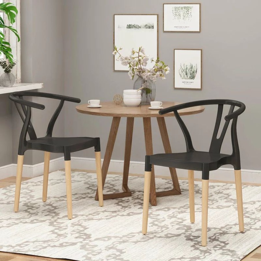 Chairs * | Gdfstudio Victoria Modern Dining Chair With Beech Wood Legs, Set Of 2, Black, Natural Wood