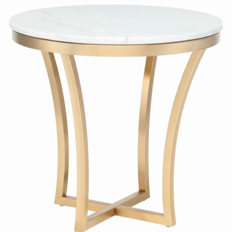 Coffee & Accent Tables * | Nuevo Aurora Marble Side Table, White Marble Brushed Gold Base