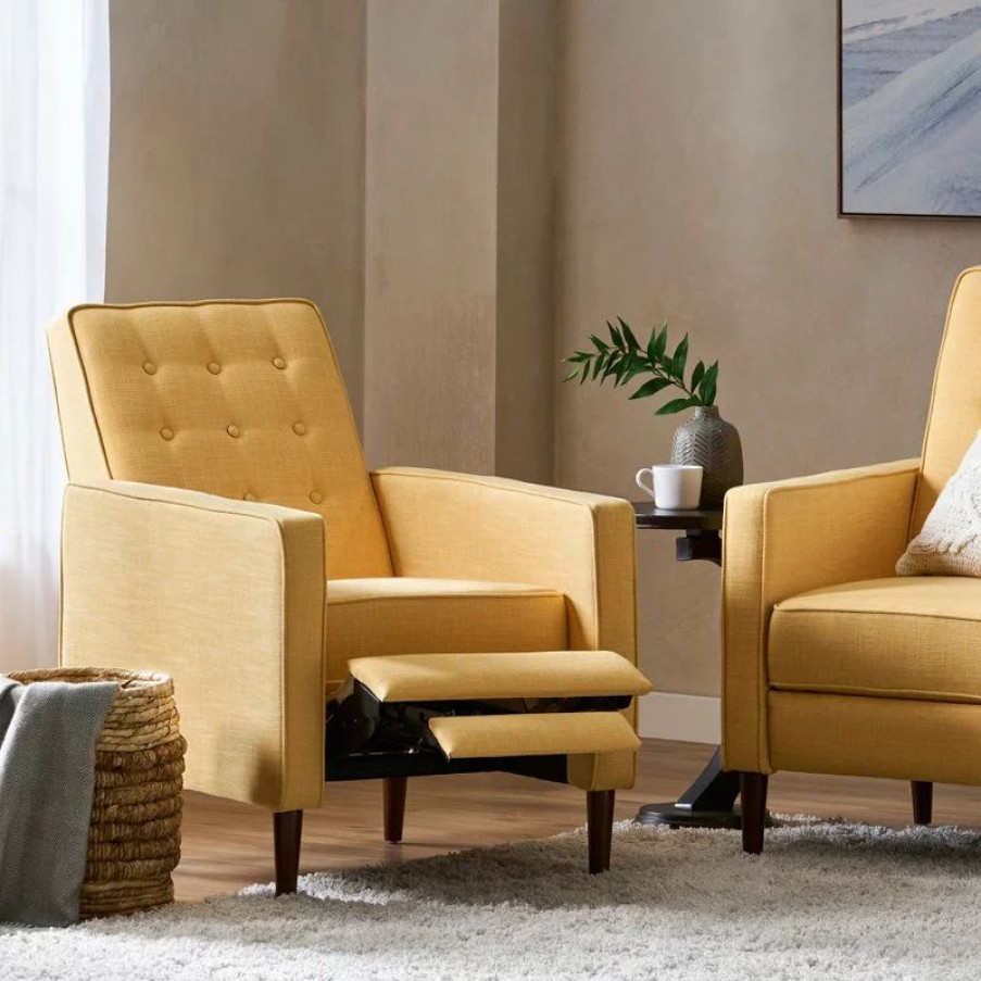 Chairs * | Gdfstudio Mason Mid-Century Modern Button Tufted Fabric Recliner, Fabric/Muted Yellow, Single Chair