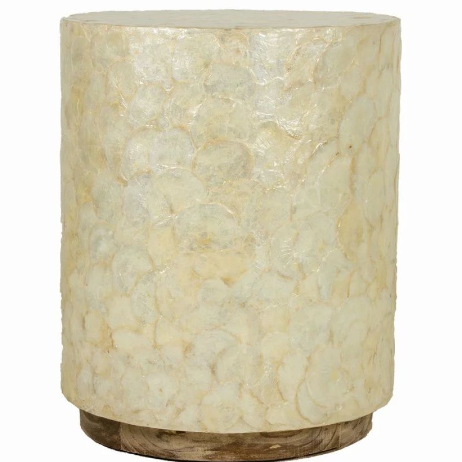 Coffee & Accent Tables * | East At Main'S Sable Off-White Wood And Capiz Round Accent Table