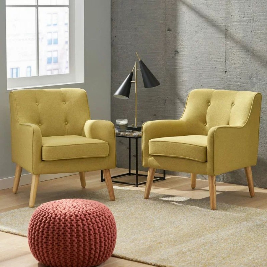 Chairs * | Gdfstudio Gdf Studio Fontinella Mid-Century Modern Fabric Tufted Arm Chair, Verdure Yellow, Set Of 2