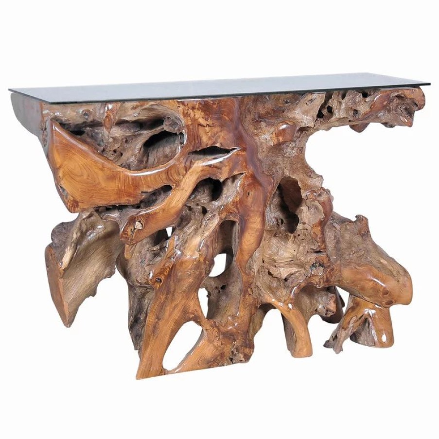 Console Tables * | Chic Teak Inc. Teak Wood Root Console Table/Sofa Table With Glass Top, 48