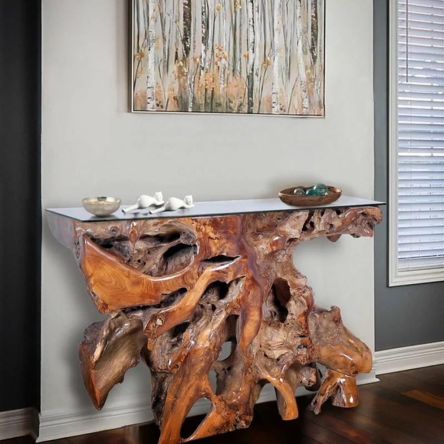 Console Tables * | Chic Teak Inc. Teak Wood Root Console Table/Sofa Table With Glass Top, 48