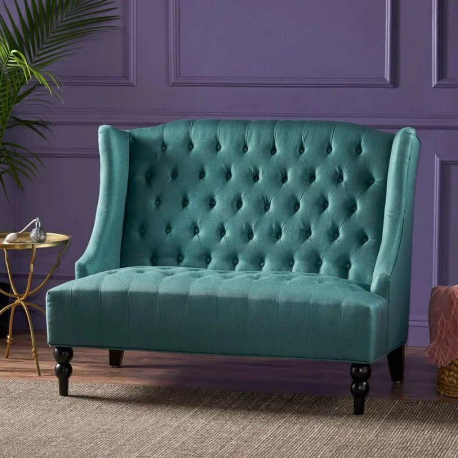 Sofas & Sectionals * | Gdfstudio Gdf Studio Leona Traditional High Back Tufted Winged Fabric Loveseat, Dark Teal