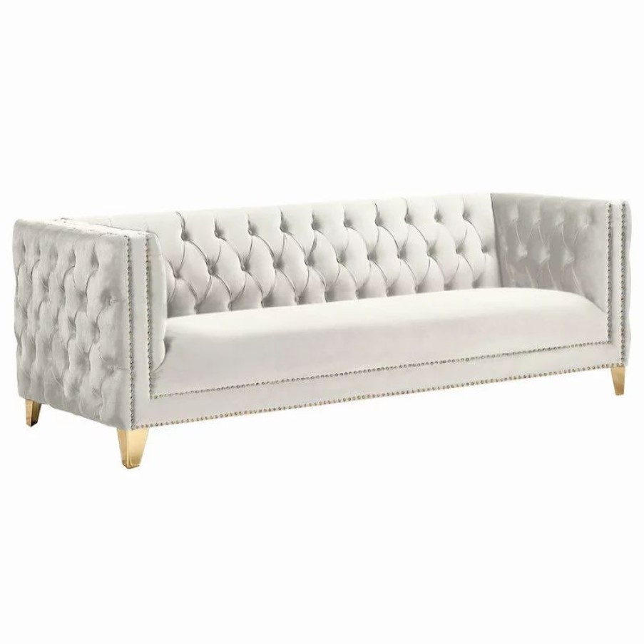 Sofas & Sectionals * | Meridian Furniture Michelle Fabric Upholstered Sofa, Gold Iron Legs, Cream Velvet