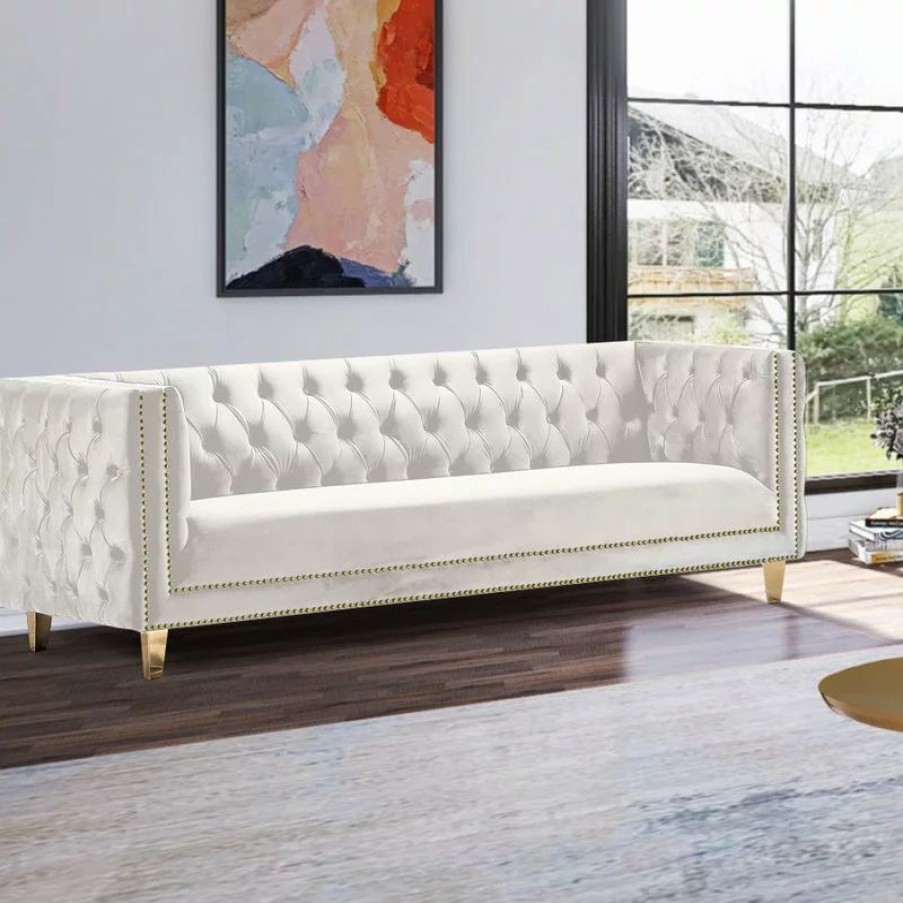Sofas & Sectionals * | Meridian Furniture Michelle Fabric Upholstered Sofa, Gold Iron Legs, Cream Velvet