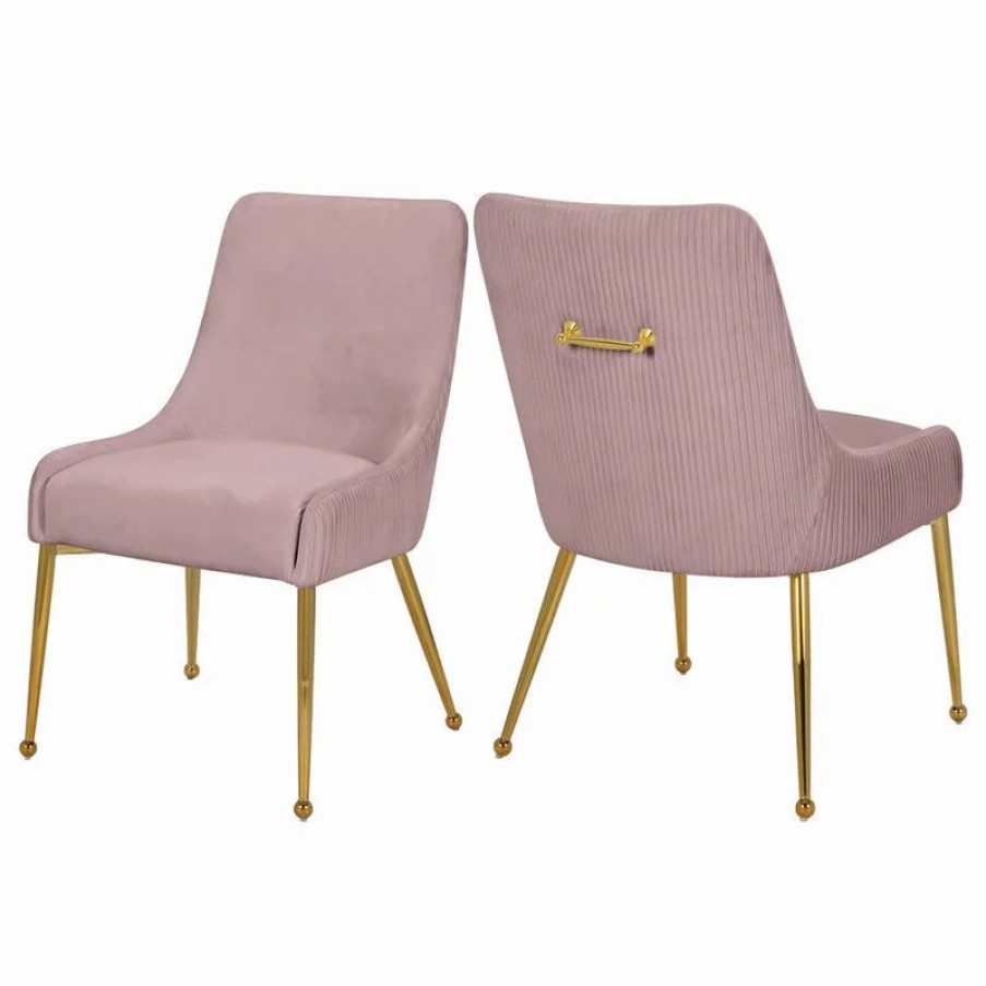 Chairs * | Mod The Cue Dining Chair, Pink And Gold, Pleated Velvet, Set Of 2