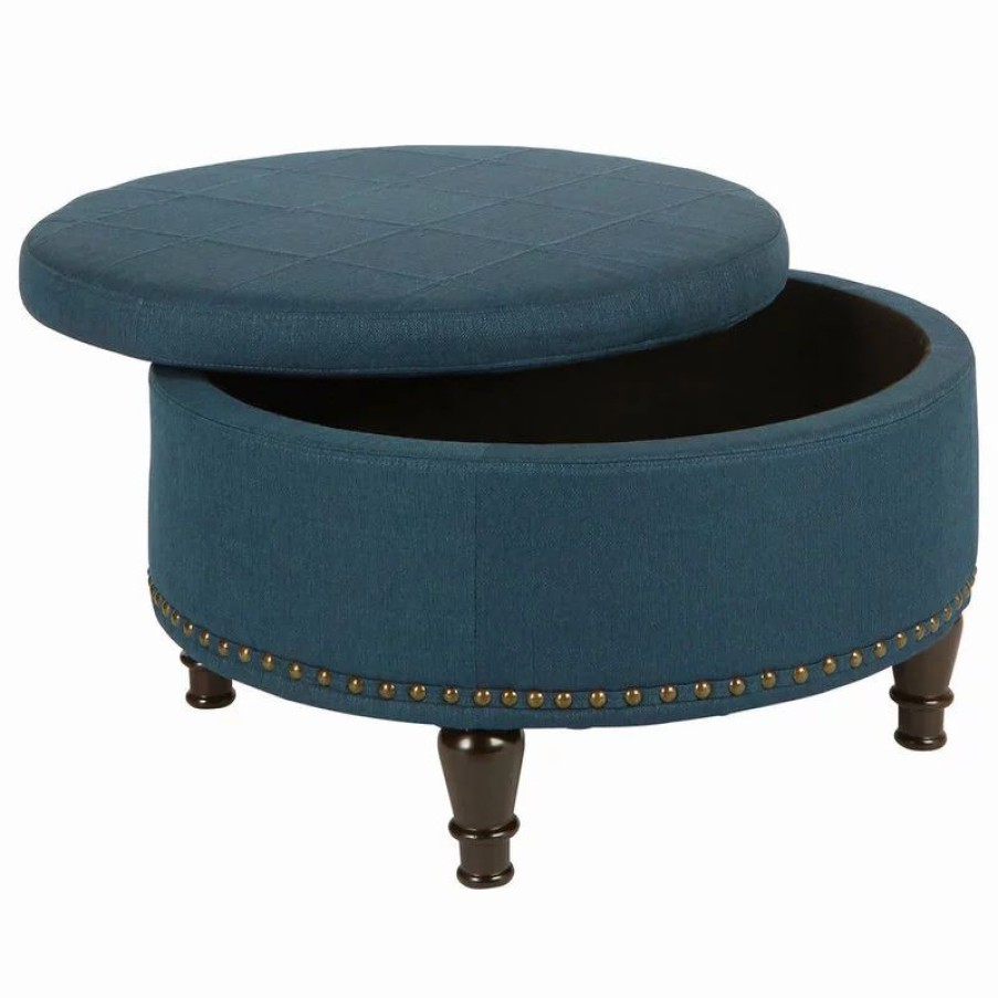 Footstools & Ottomans * | Office Star Products Augusta Round Storage Ottoman, Azure