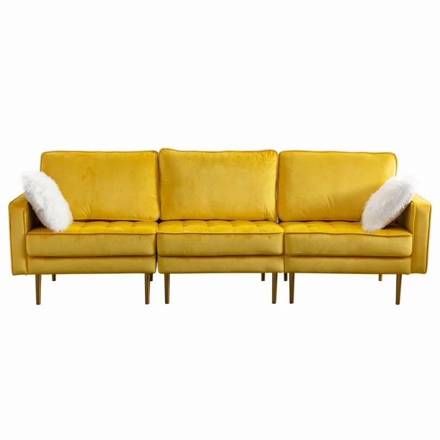 Sofas & Sectionals * | Lilola Home Theo Velvet Sofa With Pillows, Yellow