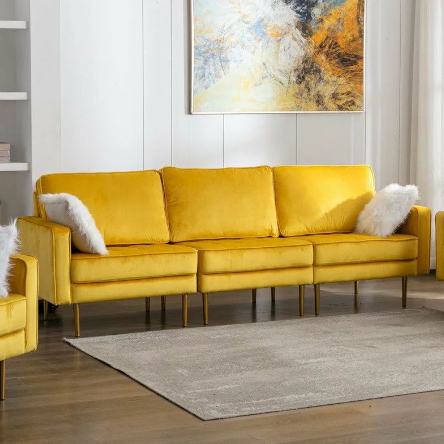 Sofas & Sectionals * | Lilola Home Theo Velvet Sofa With Pillows, Yellow