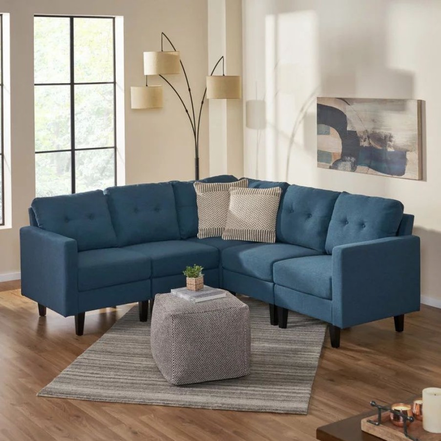 Sofas & Sectionals * | Gdfstudio Gdf Studio 5-Piece Niya Mid Century Modern Fabric Sectional Sofa, Navy Blue