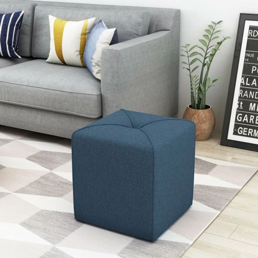 Footstools & Ottomans * | Gdfstudio Gdf Studio Tammy Fabric Square Ottoman, Navy Blue