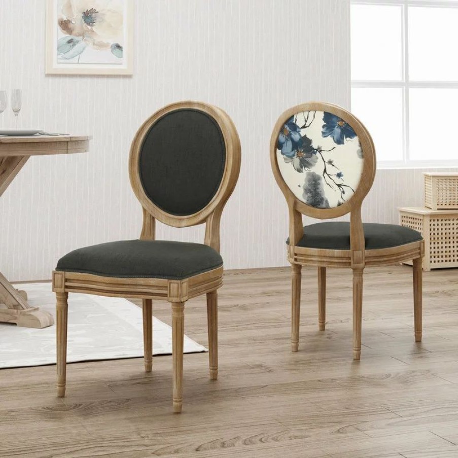Chairs * | Gdfstudio Gdf Studio Reed Upholstered Farmhouse Dining Chairs, Set Of 2, Dark Gray/Print/N