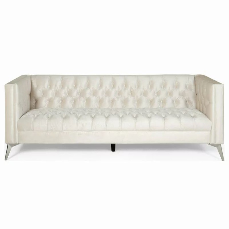Sofas & Sectionals * | Gdfstudio Roxanne Tufted Velvet 3 Seat Sofa, Beige/Silver