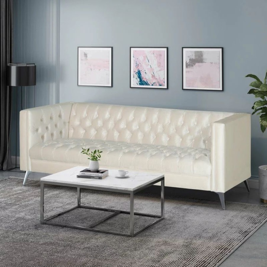 Sofas & Sectionals * | Gdfstudio Roxanne Tufted Velvet 3 Seat Sofa, Beige/Silver