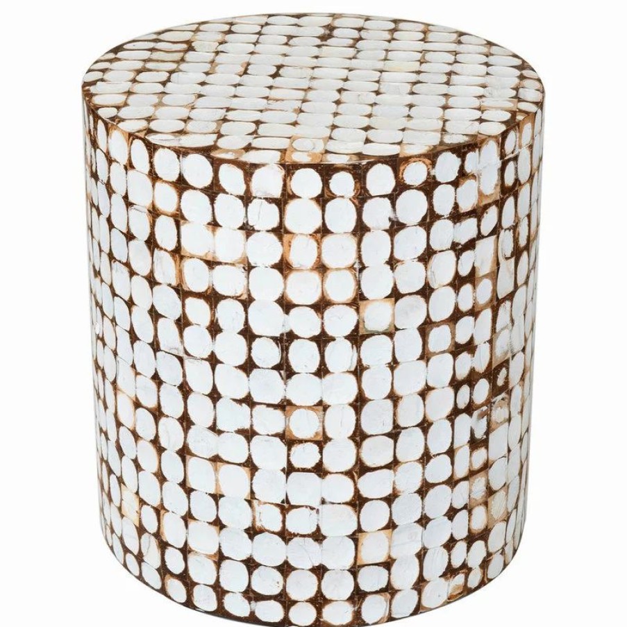 Coffee & Accent Tables * | East At Main'S Columbia Brown Coconut Shell Inlay Round Accent Table, White