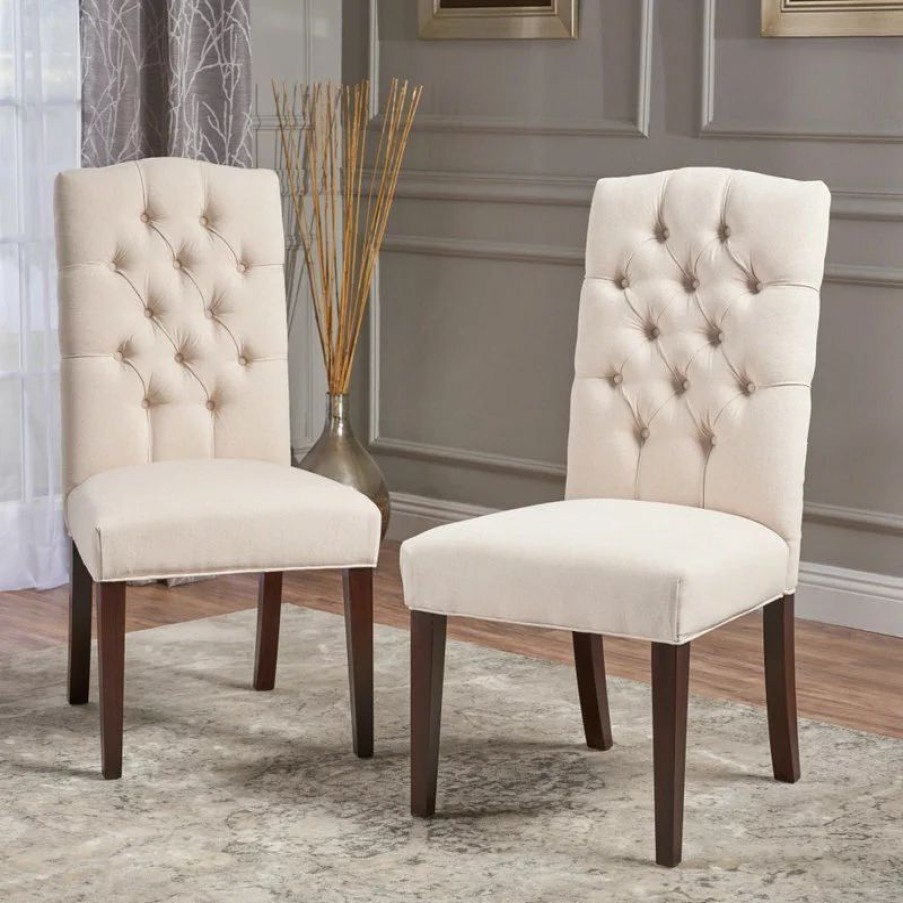 Chairs * | Gdfstudio Gdf Studio Clark Indoor Tufted Fabric Dining Chairs, Set Of 2, Natural Linen