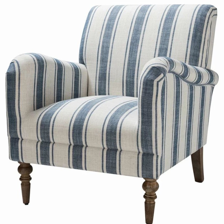 Chairs * | Karat Home Stripe Armchair With Solid Wood Legs, Navy