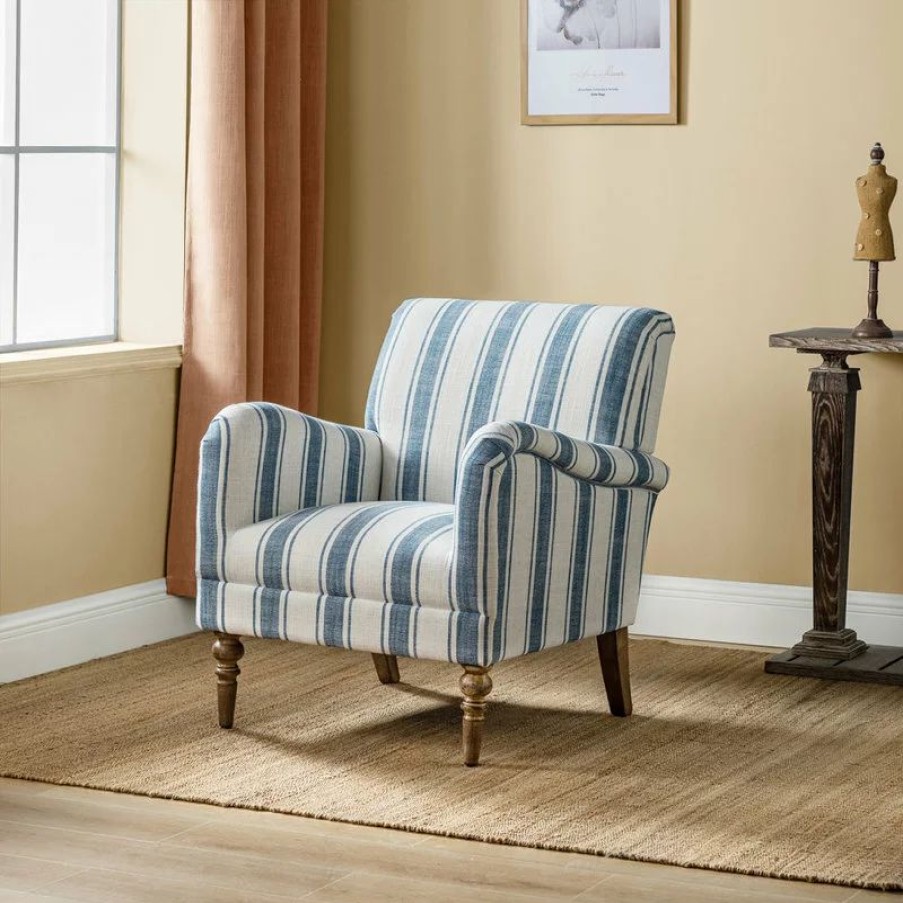 Chairs * | Karat Home Stripe Armchair With Solid Wood Legs, Navy