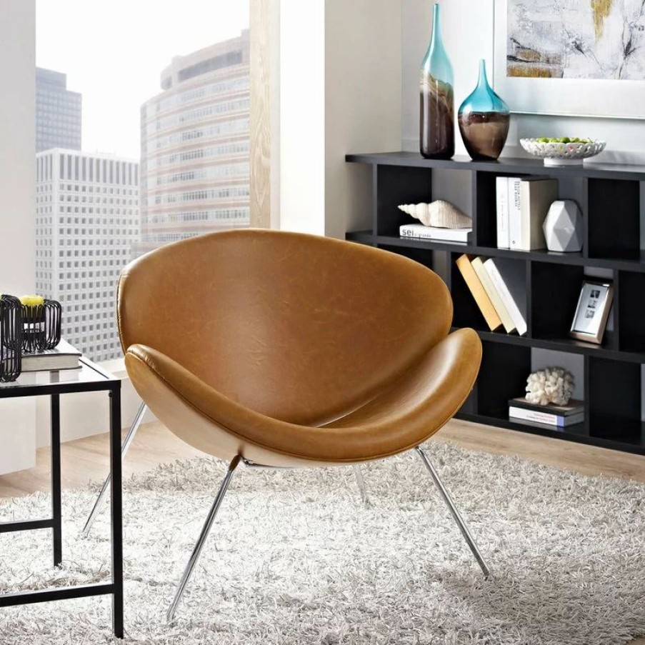 Chairs * | Lexmod Nutshell Faux Leather Lounge Chair, Tan